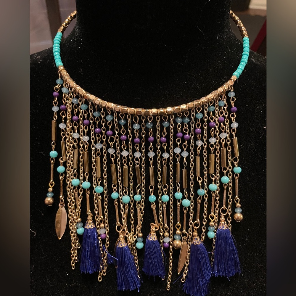 Gold and Turquoise Beaded Necklace with Tassels